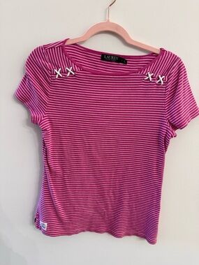 Lauren Ralph Lauren Pink & White Striped Short Sleeve Tee with Lace-Up Shoulders